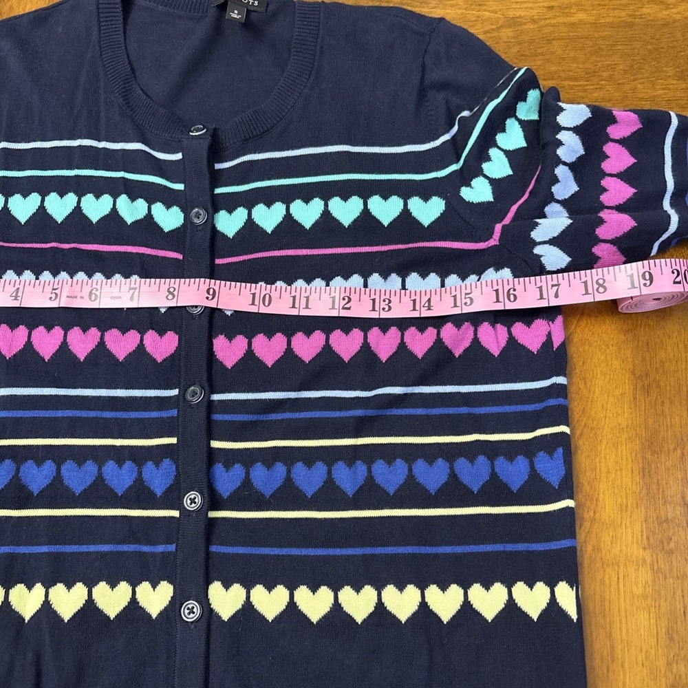 Talbots Women's Navy Blue Hearts & Stripes Print Cardigan Sweater Size S Rainbow - Picture 9 of 12
